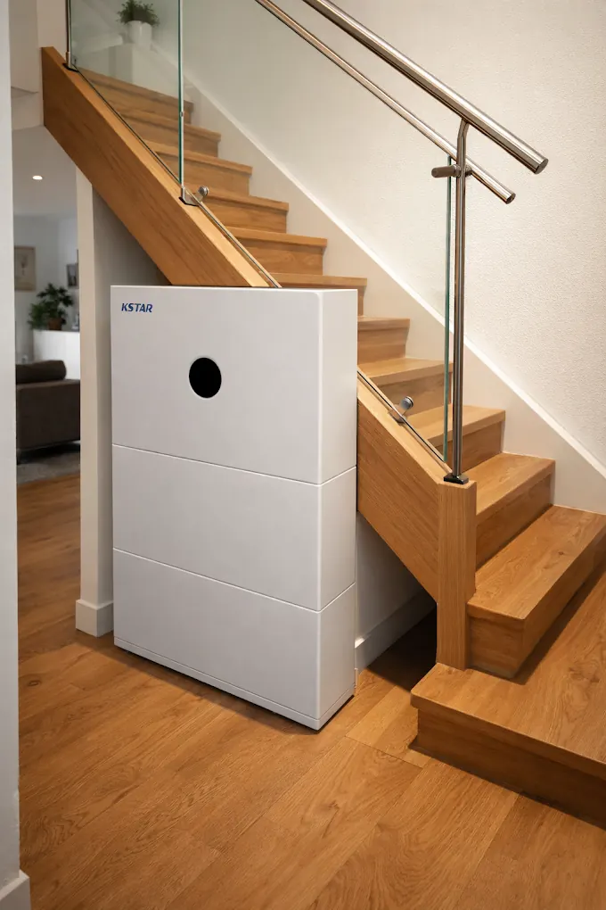 Thuisbatterij naast trap in woonkamer